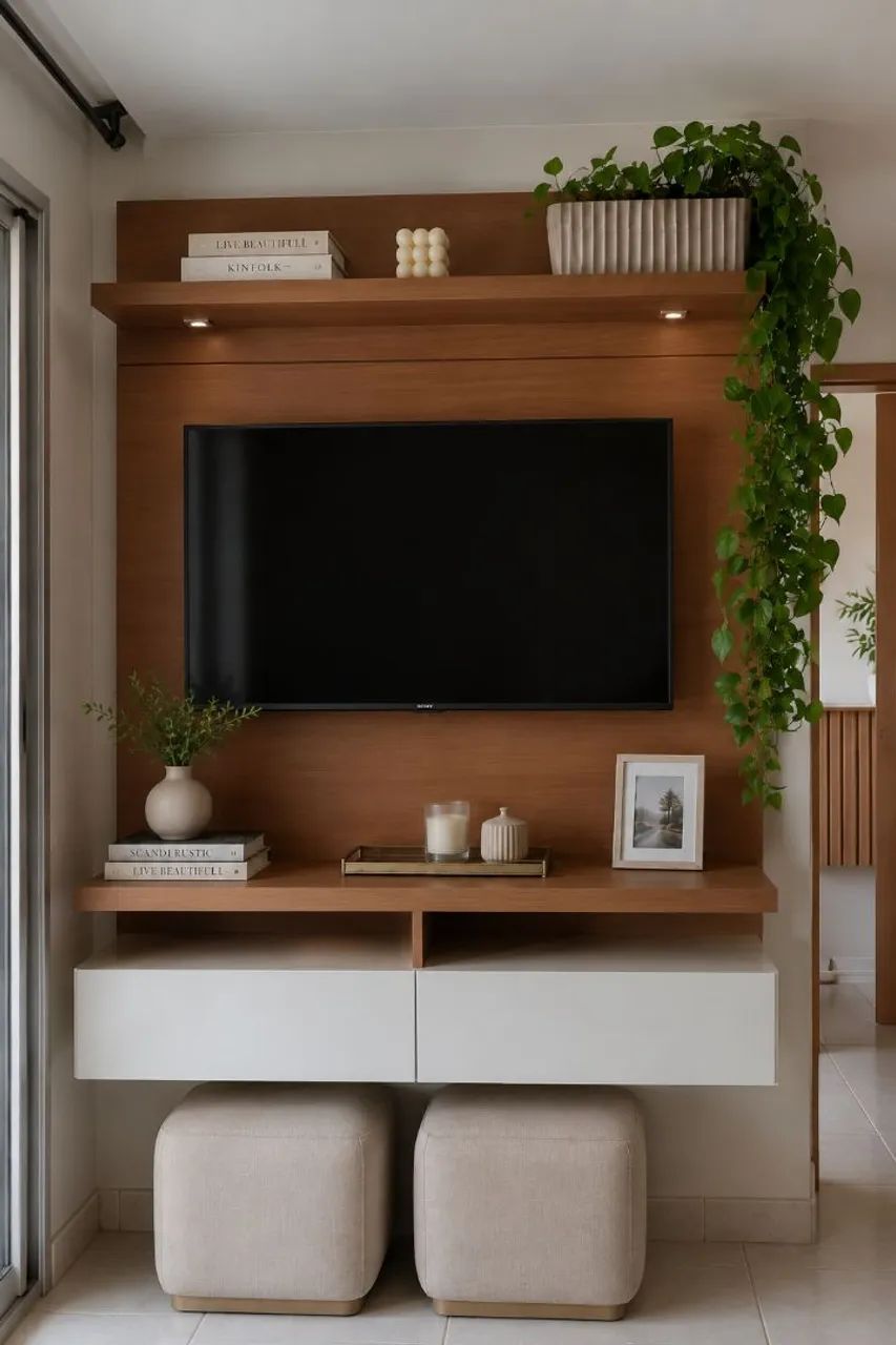Painel para TV em Madeira com Gavetas Beges e Prateleiras