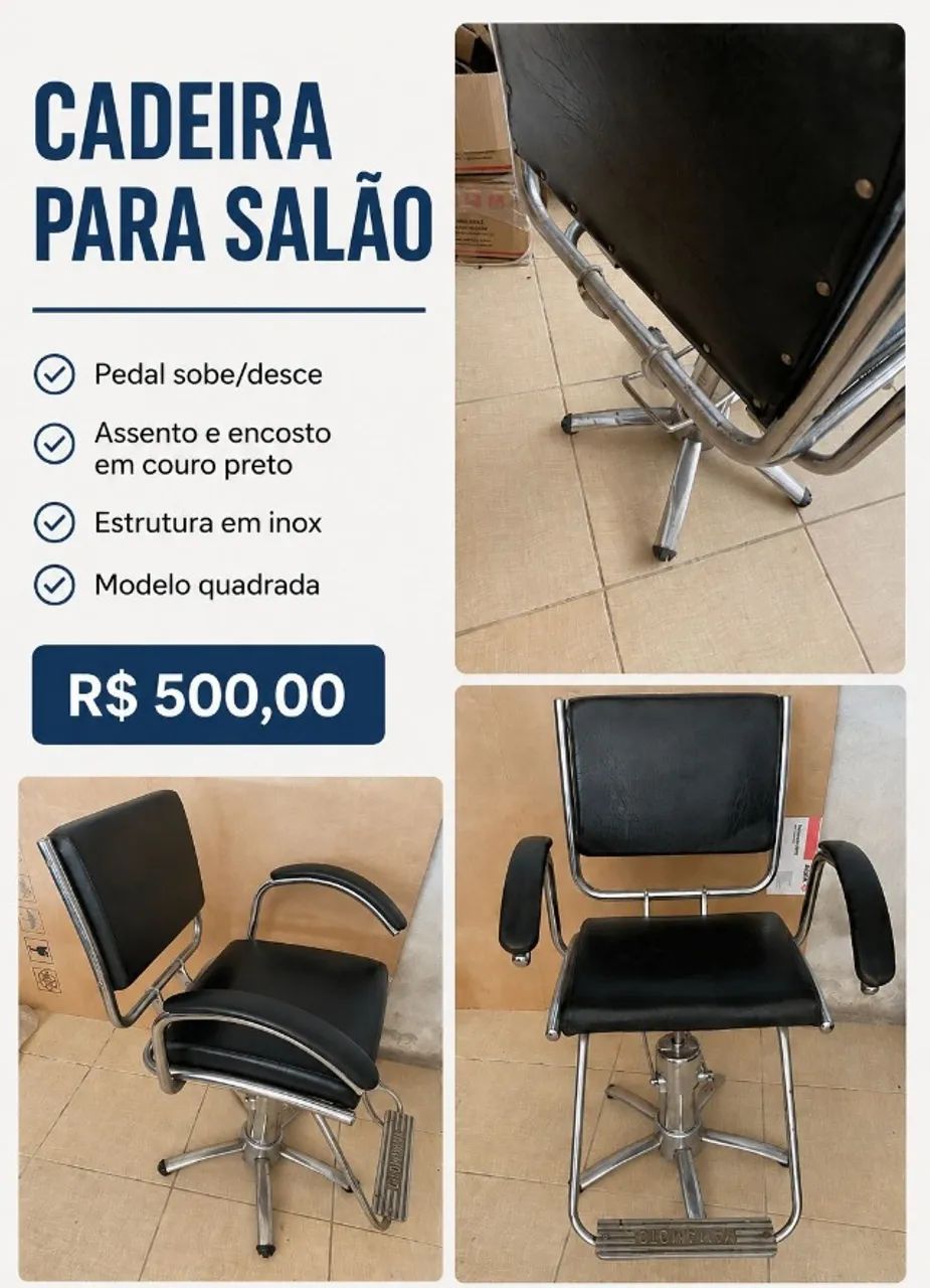 Cadeira de Inox Quadrada Couro (Preta) com Pedal
