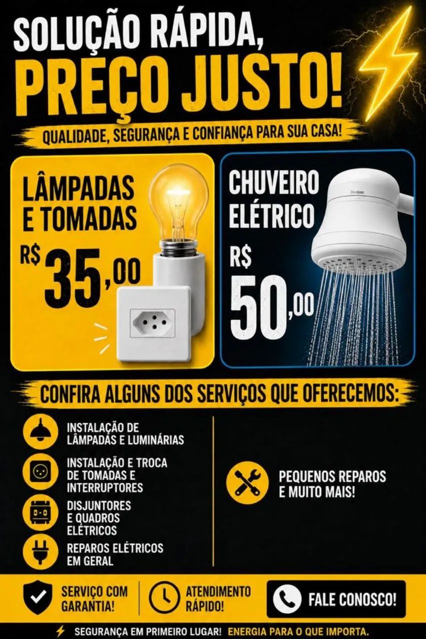 Eletricista, instalação de tomadas luminária e chuveiro elétrico ele