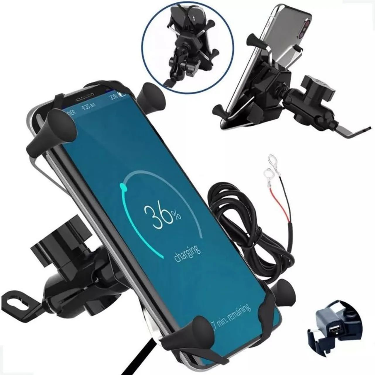 Suporte de celular para Moto, modelo garra de metal e giro de 360 ° com usb carga 5v - Foto 5