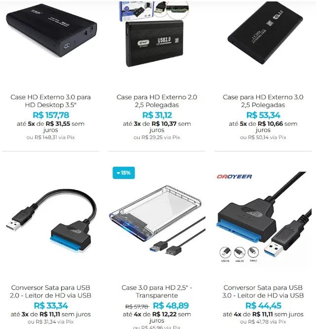 Case HD Externo à Partir de R$30 - Sata, NVME, M2, 3.0 e 2.0