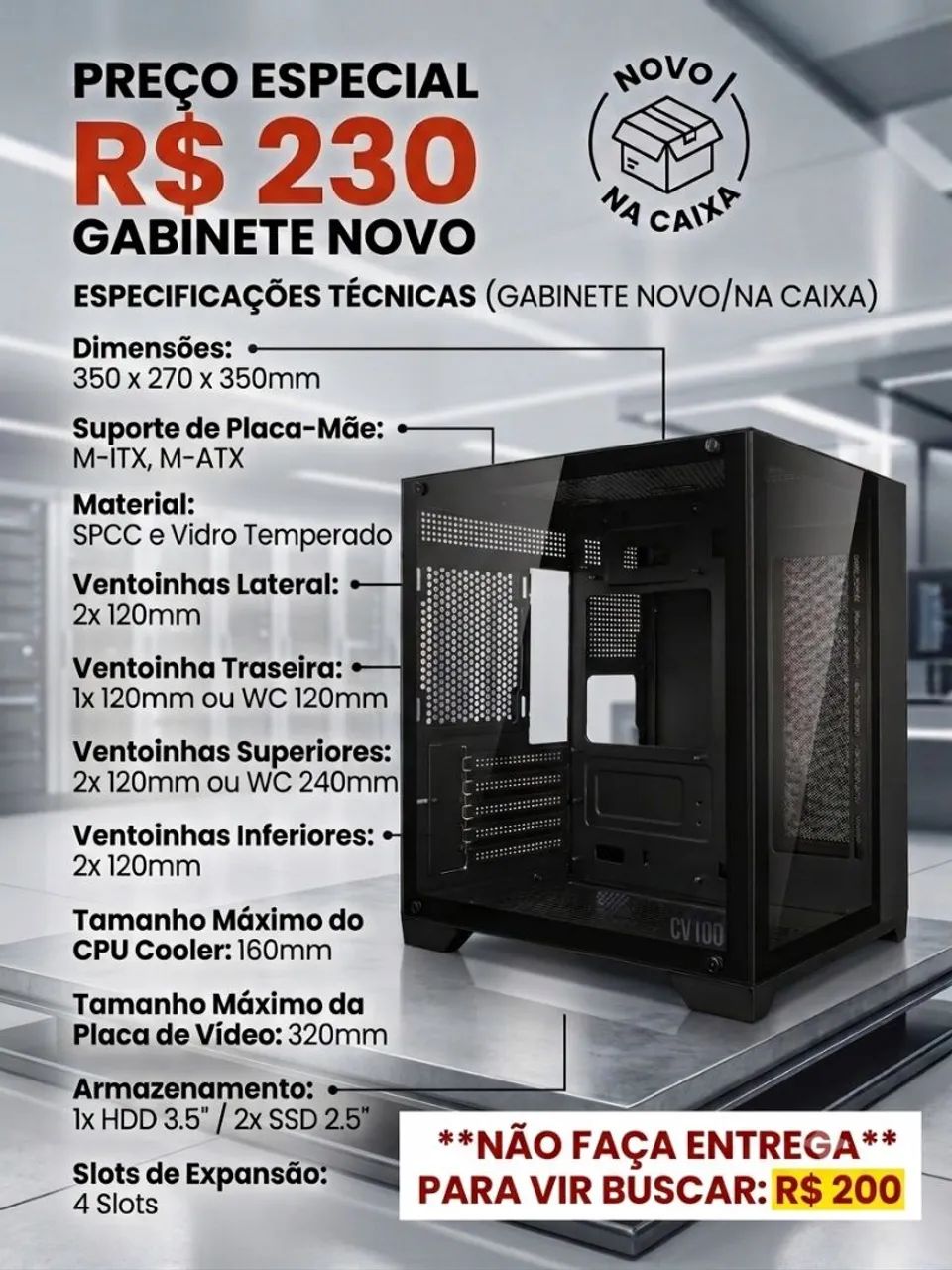 Gabinete min-tower na caixa