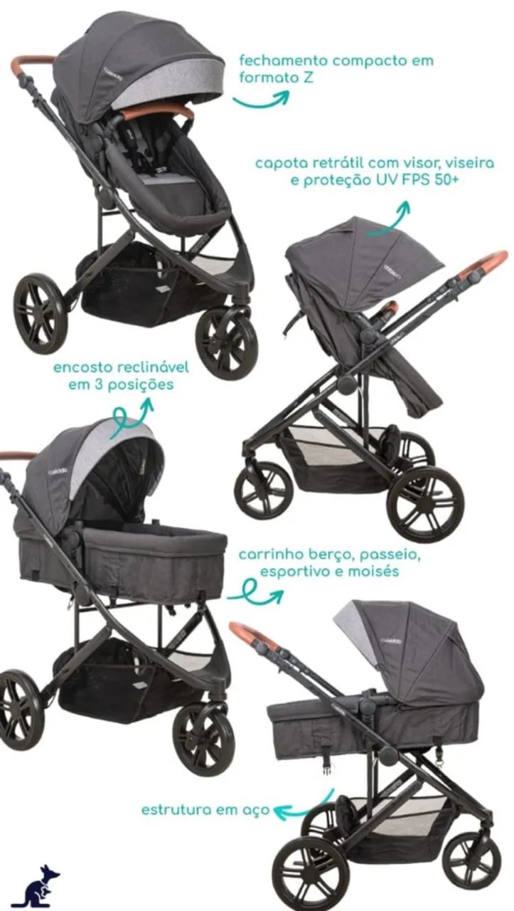 Carrinho de Bebê 3 em 1 kiddo Trek- com bebê conforto e Moisés.