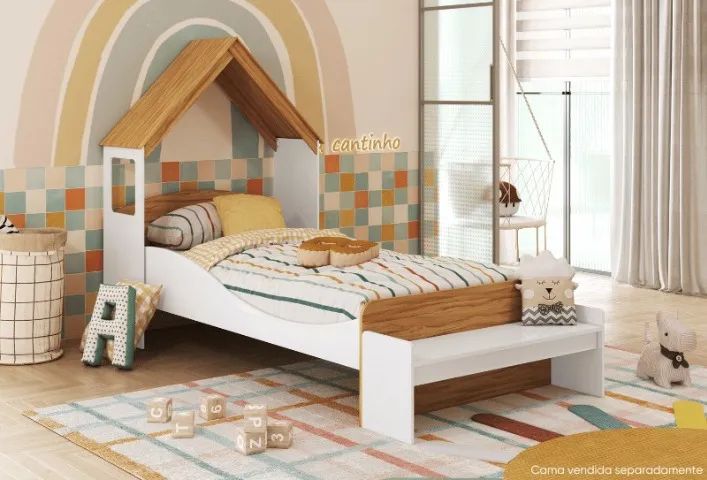 Cama Infantil Lua Solteiro com Casinha, 100% MDF - Peroba