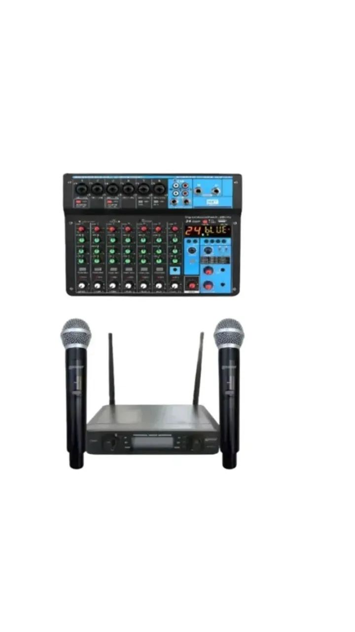 MICROFONE DINÂMICO SEM FIO DUPLO LEXSEN LM502M C/ ESPUMA BRINDE + Mesa de Som