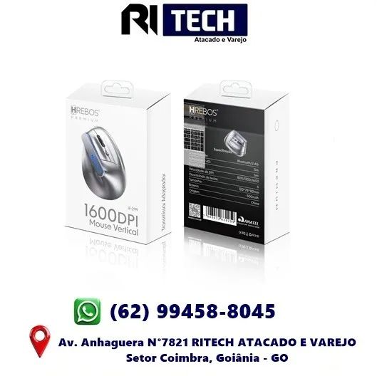 Mouse Vertical Ergonômico 1600dpi Wireless e Bluetooth 6 Botões Recarregável