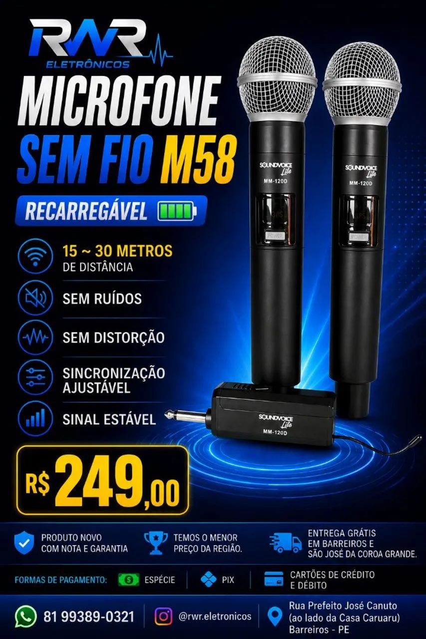 Microfone Sem fio Profissional (RWR SOM) - Foto 3