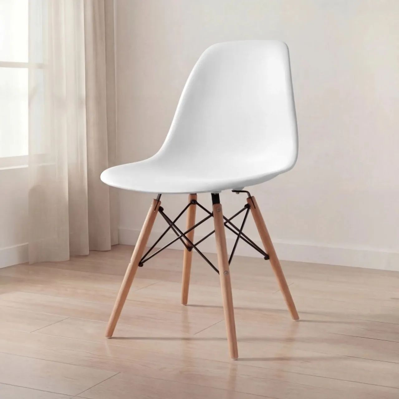 Jogo com 4 Cadeiras Charles Eames Eiffel Brancas - Pés em Madeira