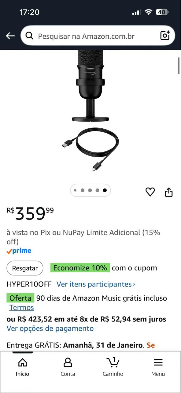 Microfone USB hyperx solo cast preto  - Foto 2