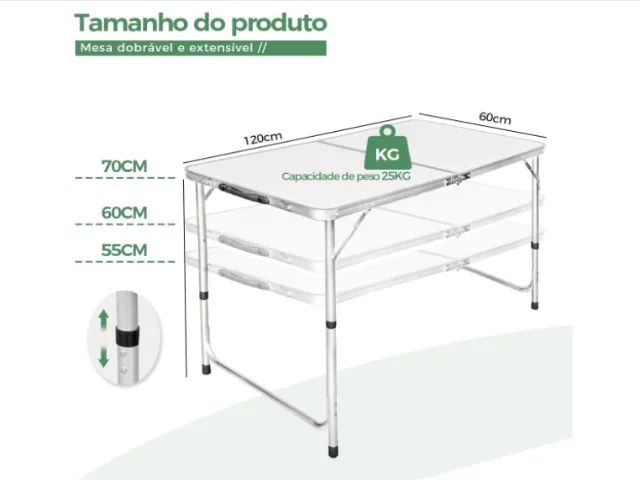 Mesa Dobravel Vira Maleta Camping Praia 120cm X 60cm - Foto 5