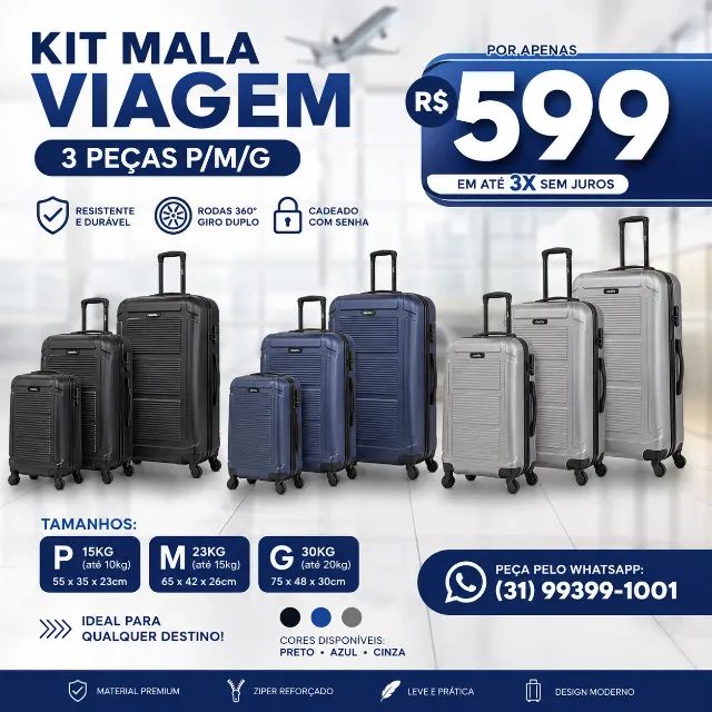 KIT MALA VIAGEM 3 PEÇAS ? P, M E G