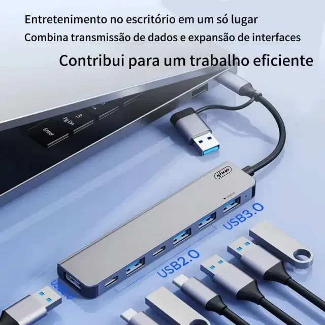 Hub Type-C 7 Em 1 USB 3.0 2.0 macOS PC Extensor Cabeça Dupla Prateado