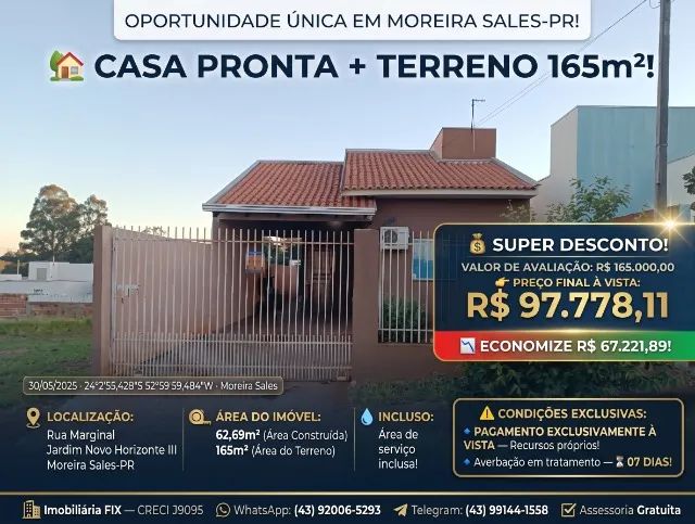 ? CASA PRONTA + TERRENO 165m²! MOREIRA SALES-PR!