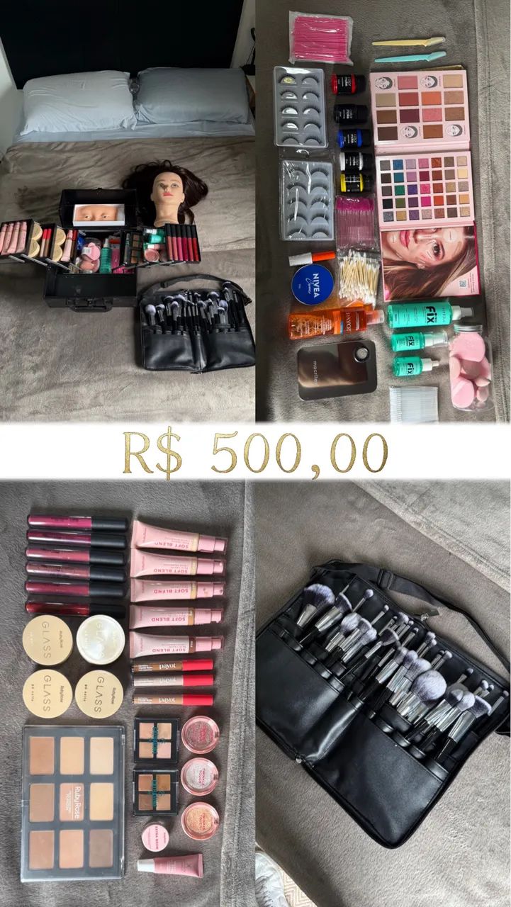 Maleta com maquiagem, bolsa de pincéis e kit de treino