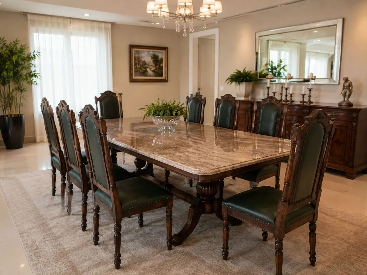 Finíssima Mesa de Jantar Imperial em jacarandá maciço com tampo de mármore e 8 cadeiras  - Foto 2