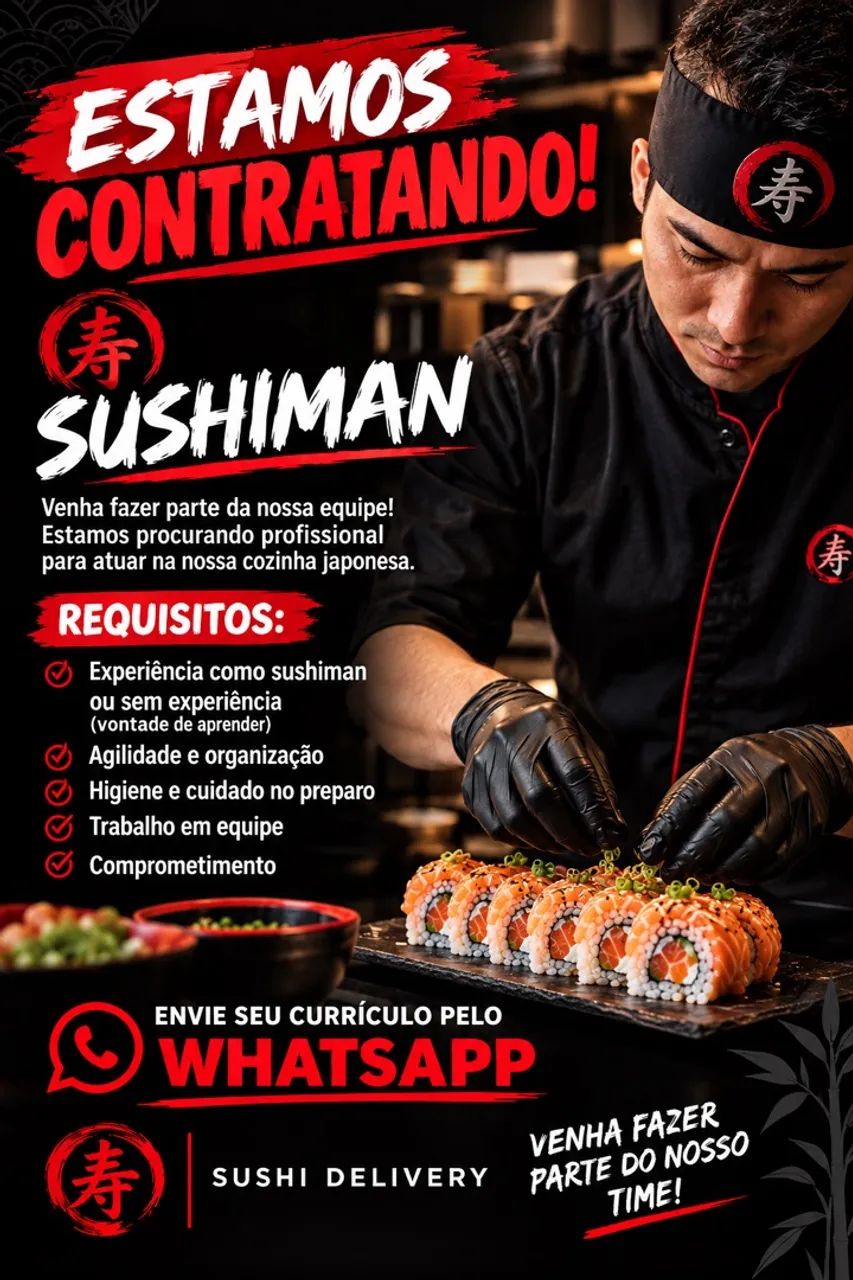 Vaga para auxiliar de Sushimam 