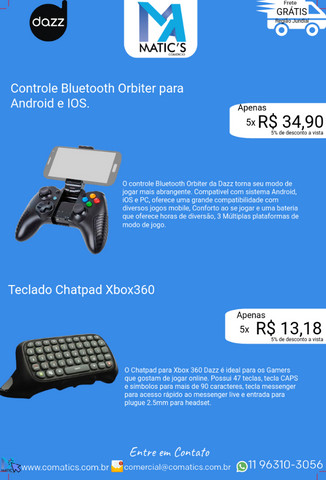 Teclado Chatpad Xbox360 e Controle Bluetooth Orbiter para Android e IOS
