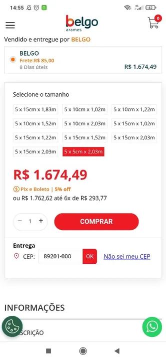 Tela de Arame Belgo 5x5cm x 2,03m