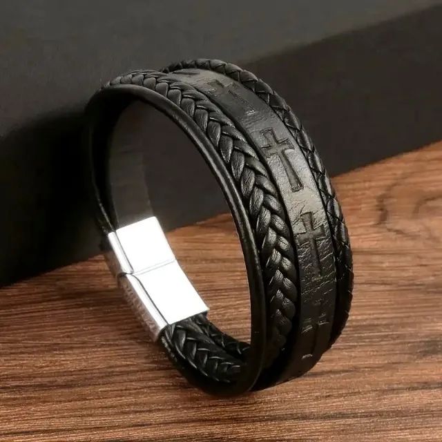 Pulseira couro cruz trançado preta nova
