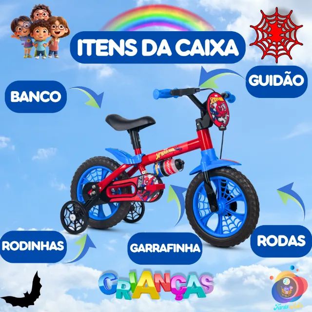 Bicicleta Infantil Homem Aranha Aro 12 Com Rodinhas e Garrafinha Nathor Crianças (Azul e - Foto 3
