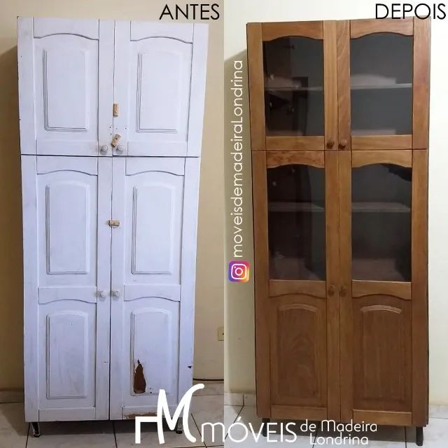 Restauração de móveis de madeira, raspagem e verniz.