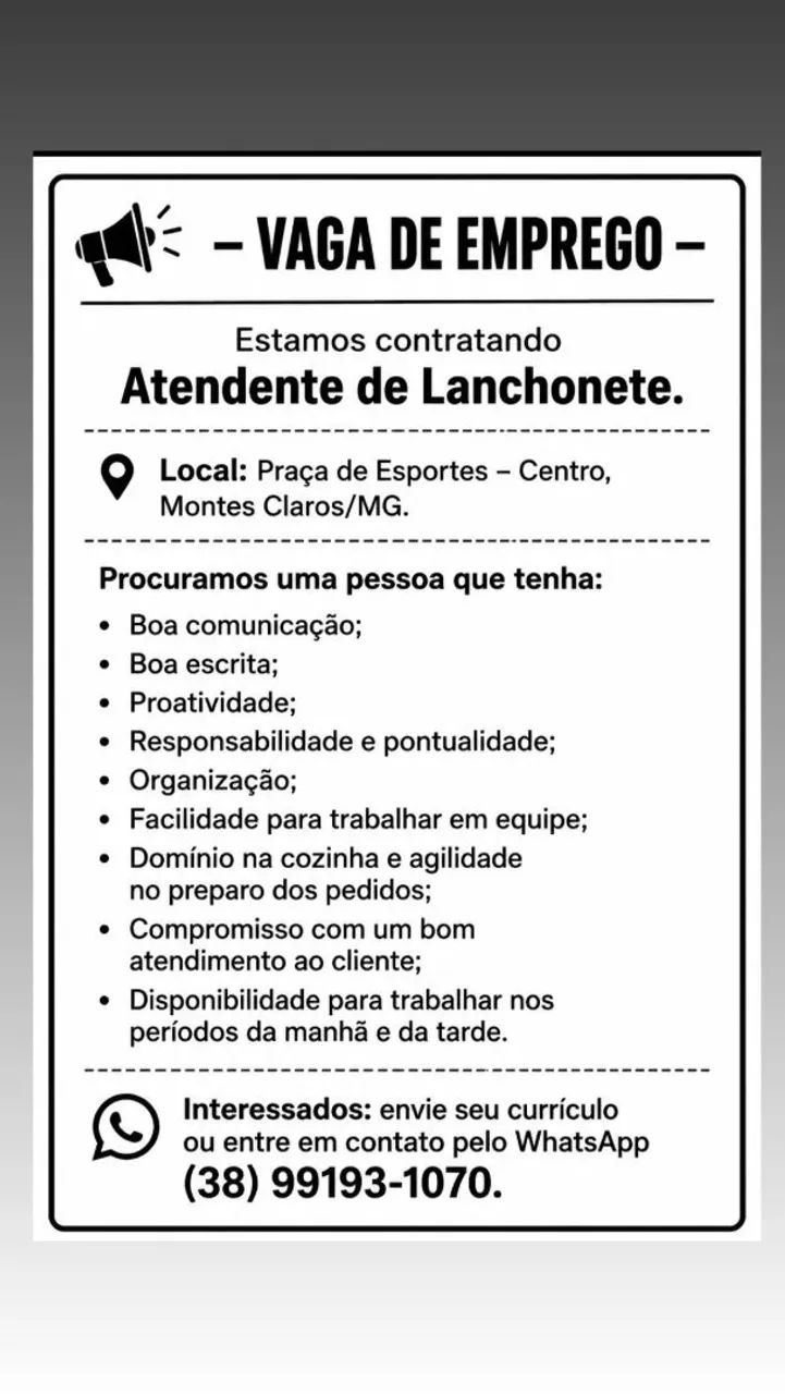 Vaga de trabalho para Atendente de lanchonete