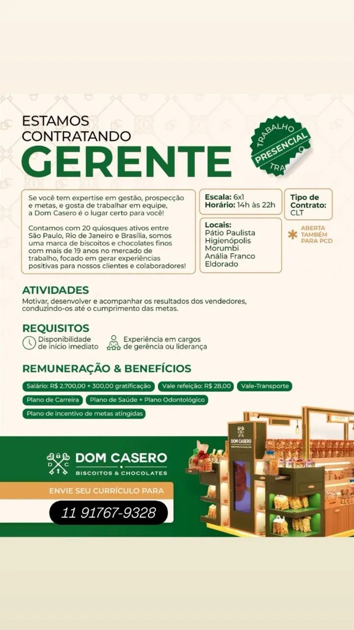 Vaga de emprego vendedor ou gerente 