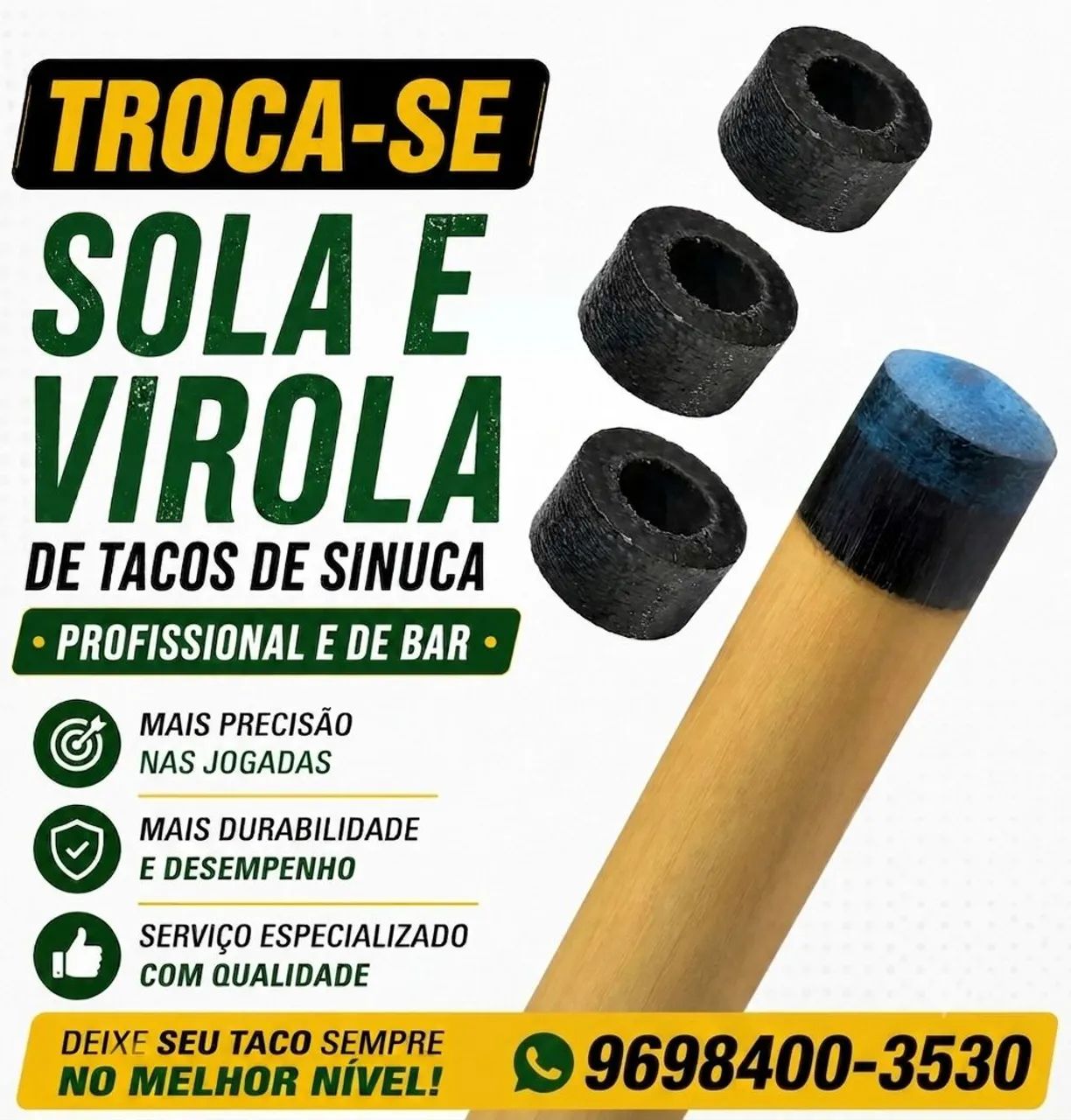 Troca-se sola e virola de tacos de sinuca profissional e de bar?