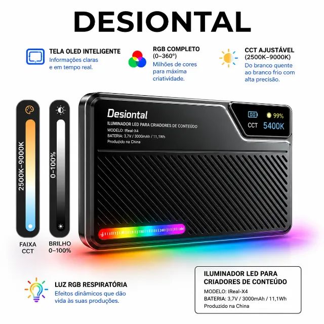 Luz de Vídeo LED RGB Desiontal 3000mAh 12W (Novo) - Foto 2