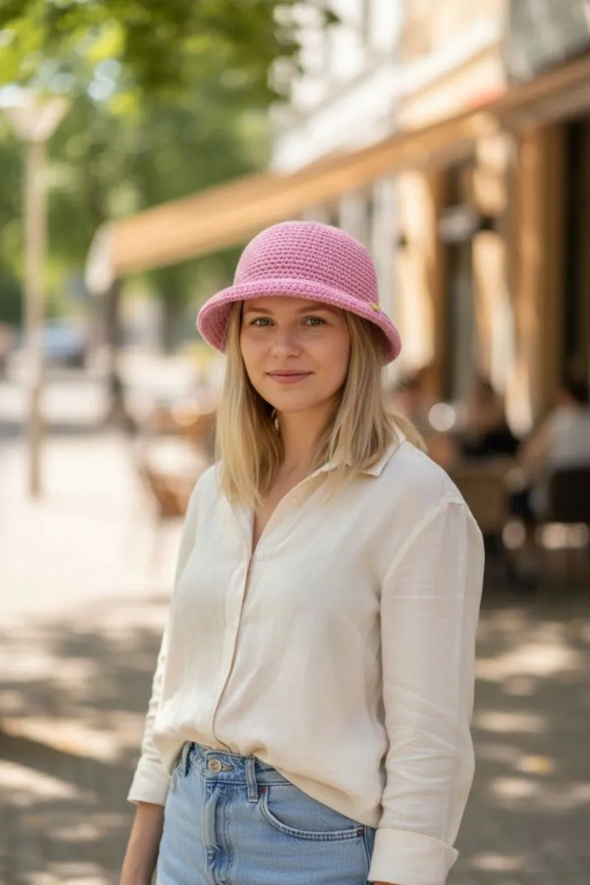 CHAPÉU BUCKET HAT EM CROCHE ROSA - Foto 2