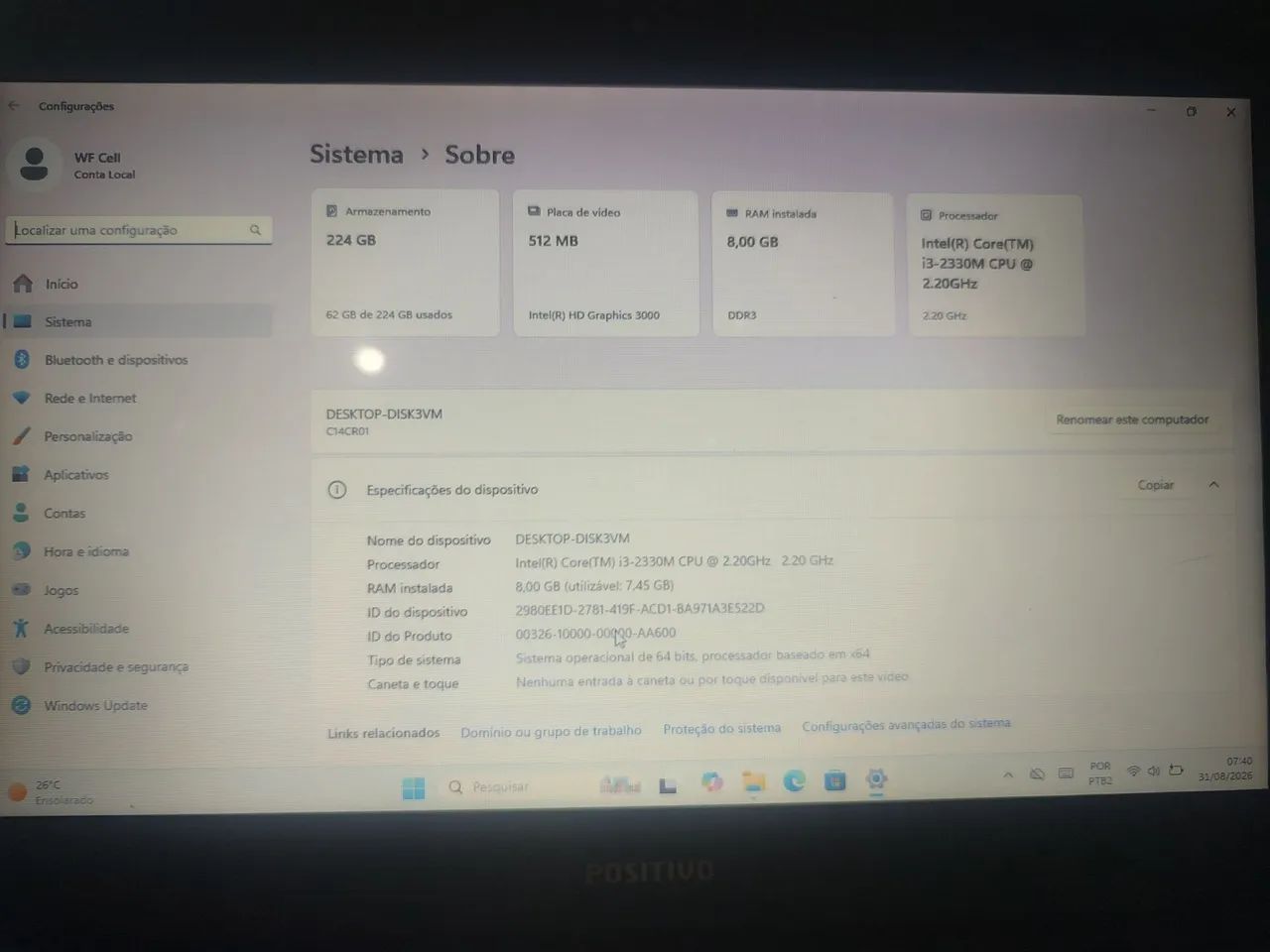 Notebook positivo core i3 3° geração.