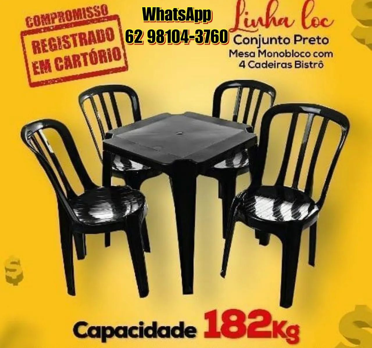 Jogo de mesa e cadeiras plástica cor preta 