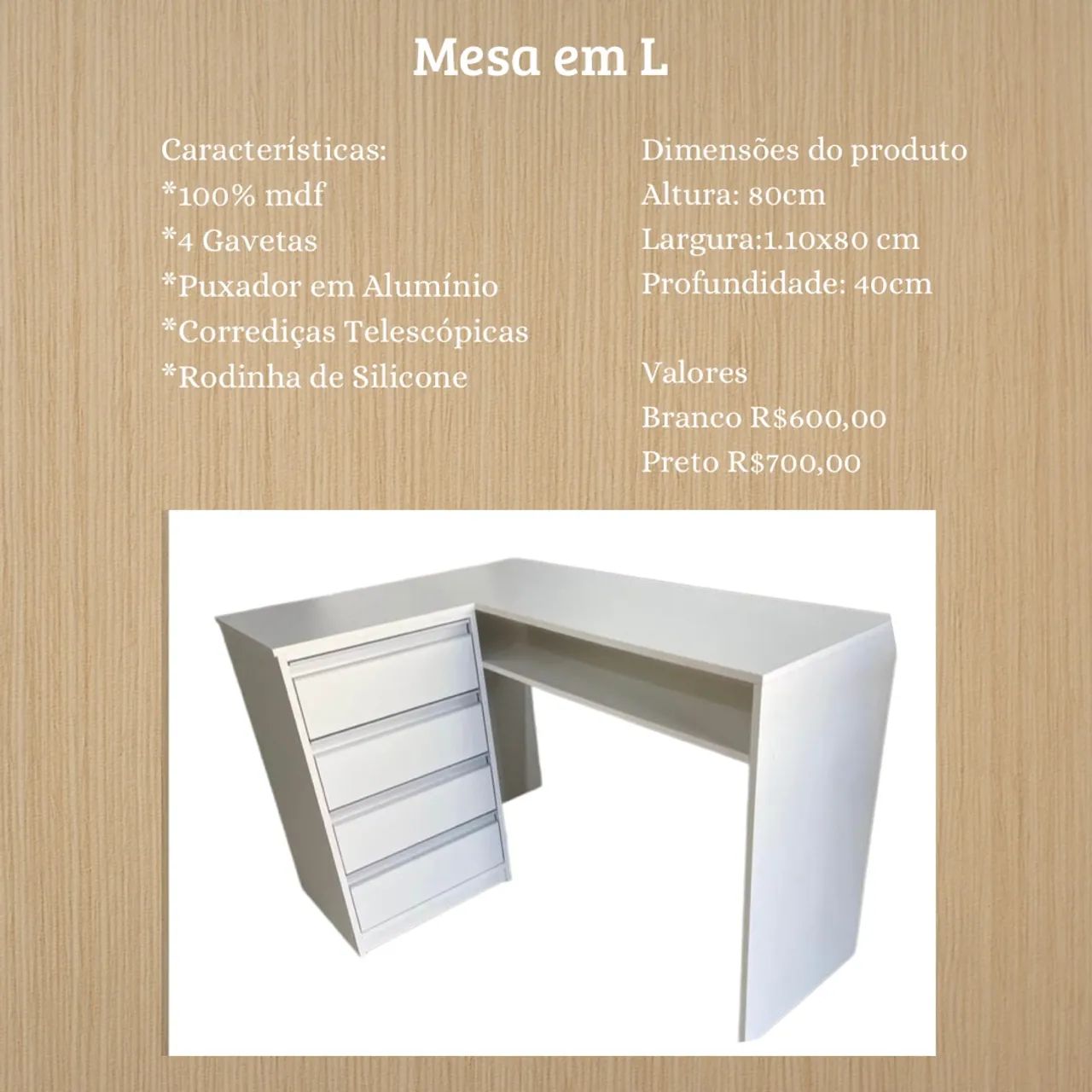Mesa em L com 4 Gavetas - MDF