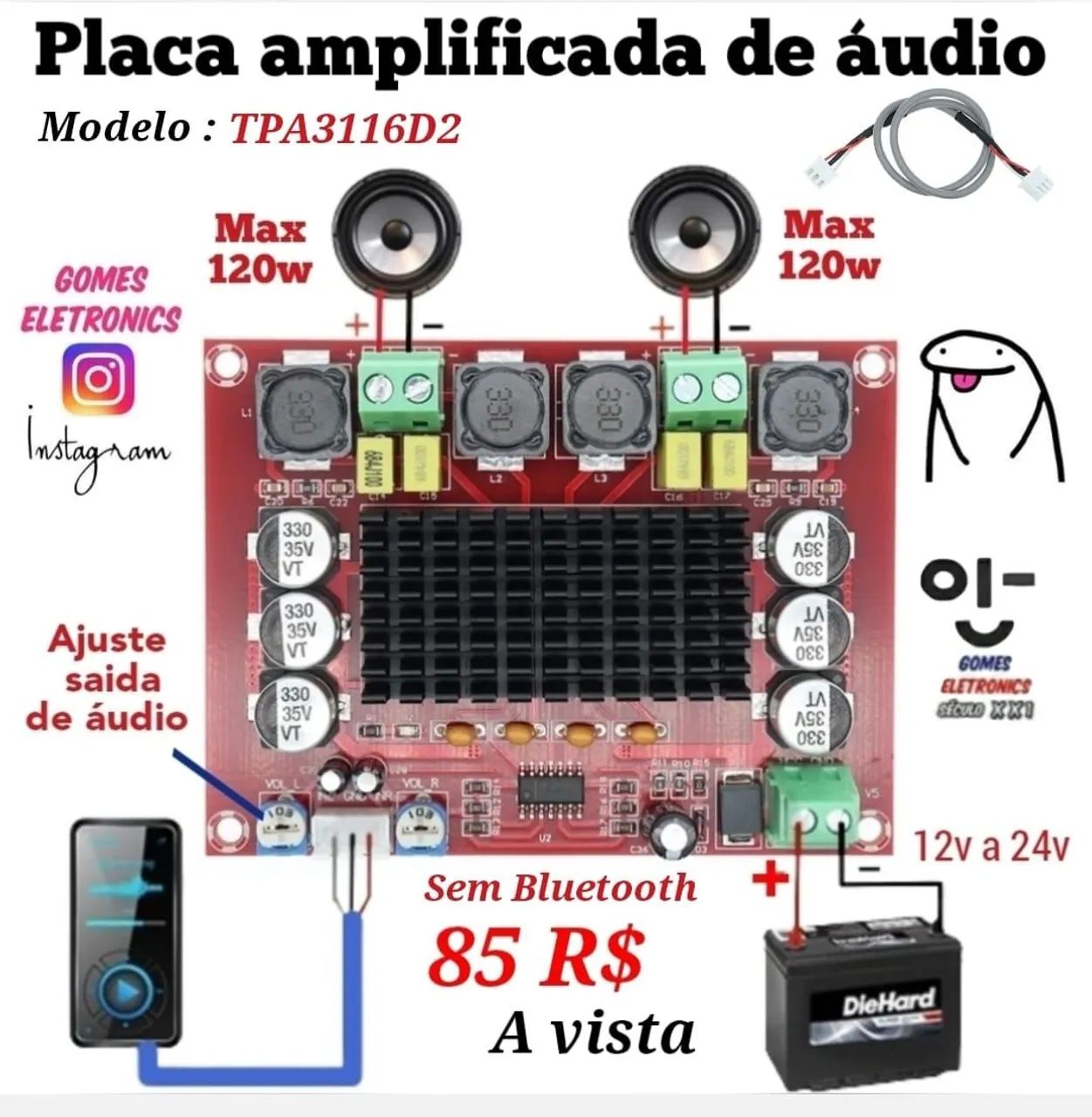 Placa Amplificada de Áudio TPA3116D2 - 120W - Sem Bluetooth