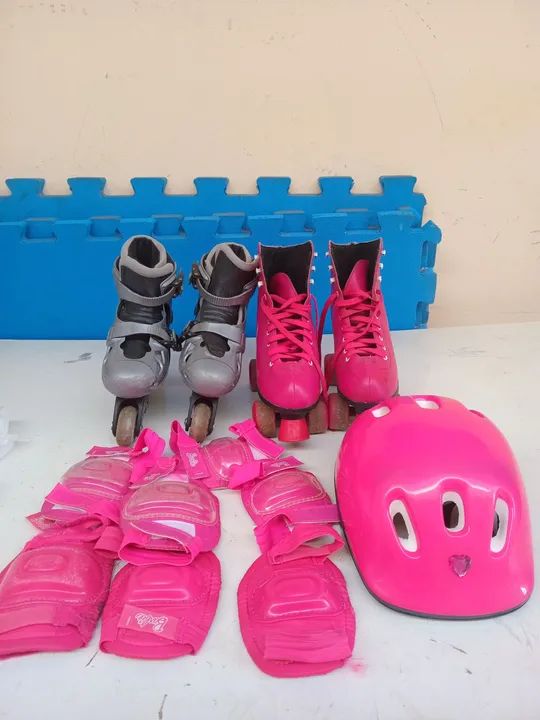 Kit Patins Infantil Rosa e Cinza com Proteções