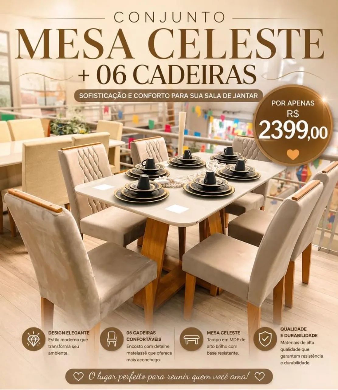 Mesa de Jantar Celeste 6 cadeiras