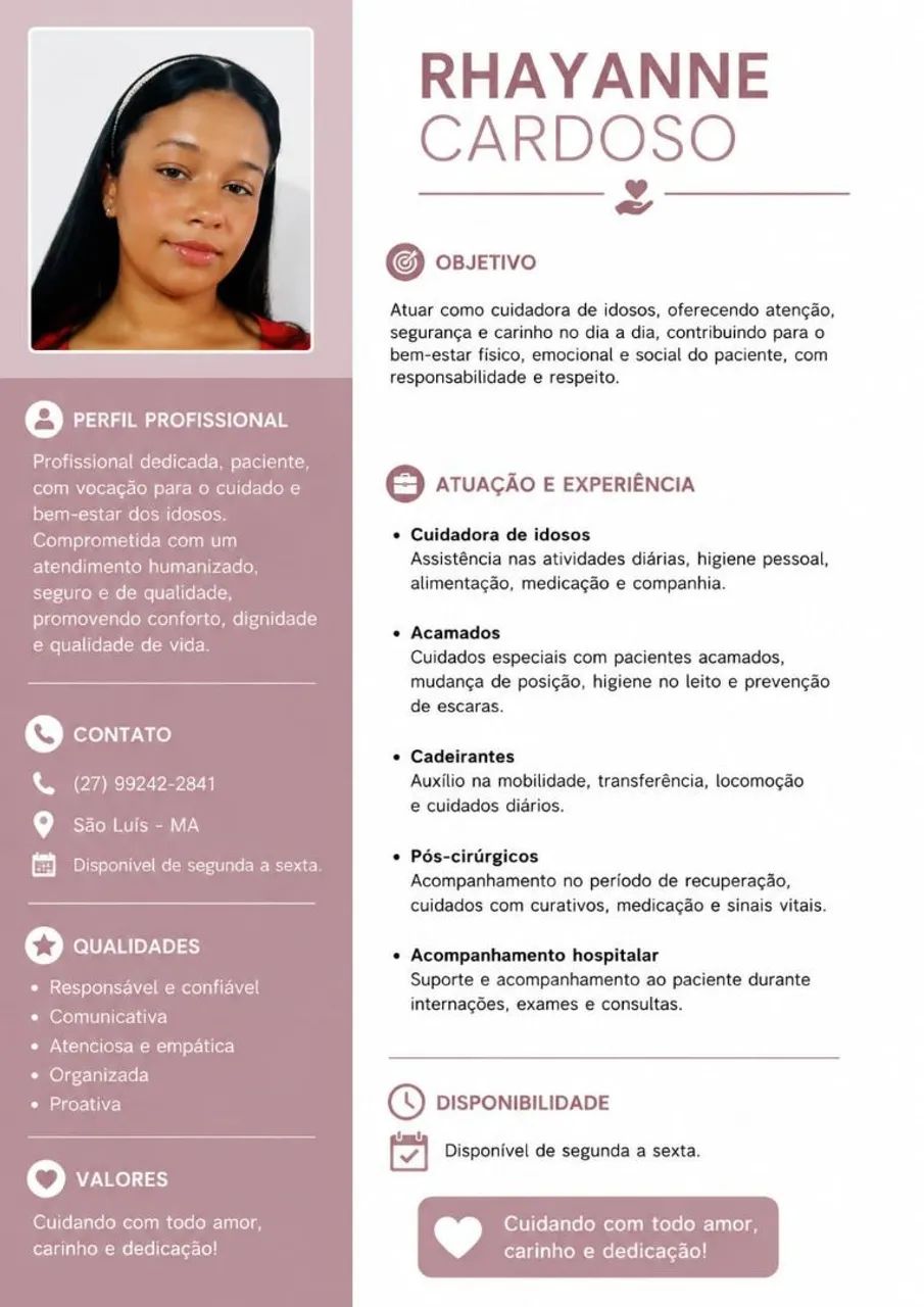 Ofereço meus serviços cuidadora de idosos