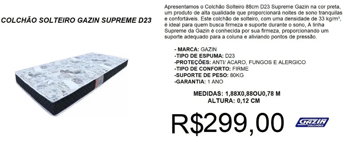 Colchão de solteiro d23 gazin - temos a pronta entrega 