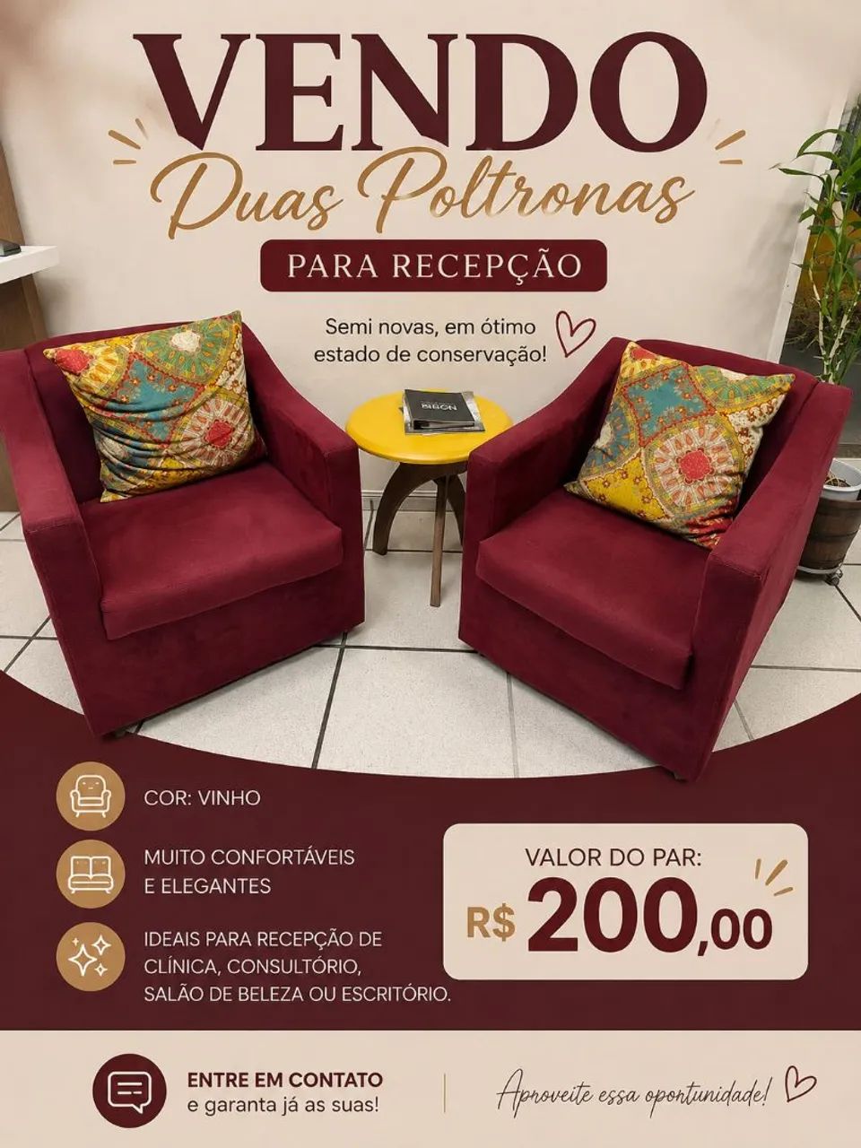 Vendo duas poltronas de veludo bordô semi novas 
