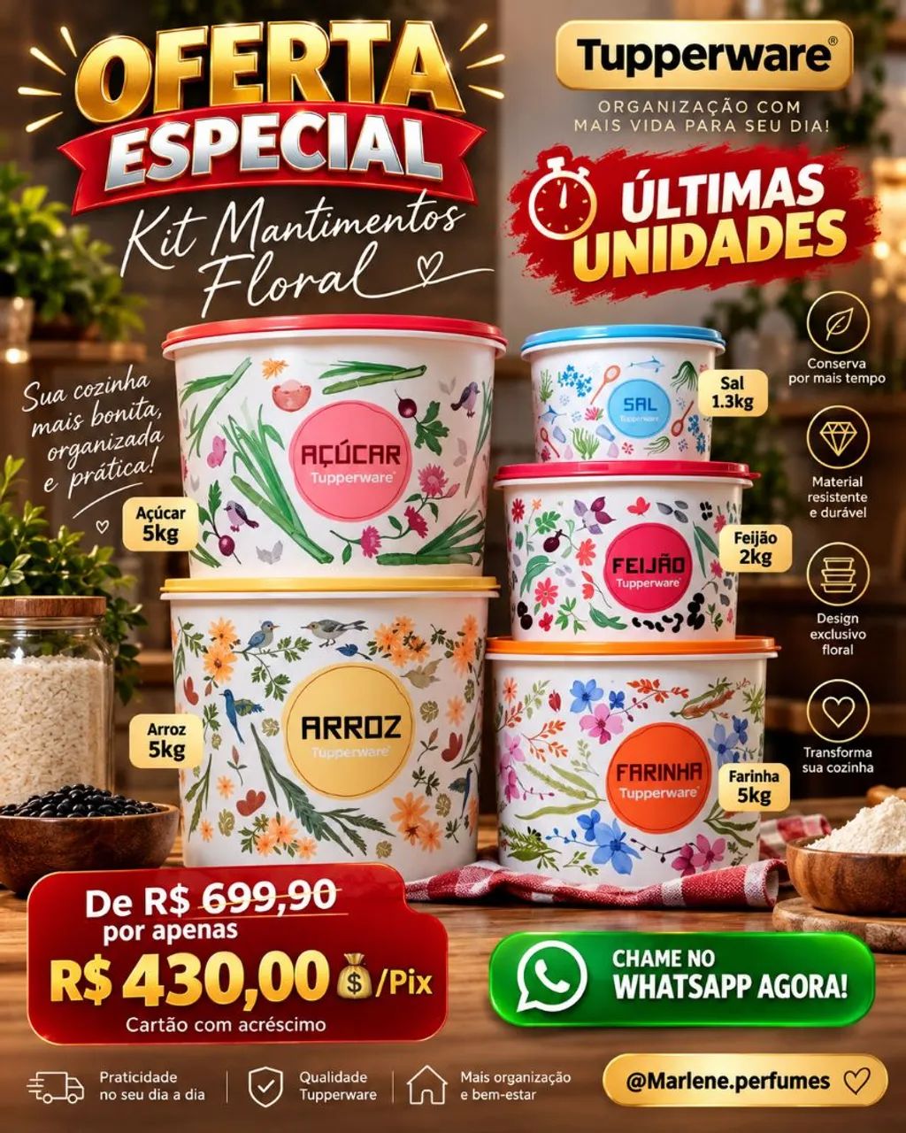 Kit  mantimentos Floral Tupperware com 5 Vasilhas 