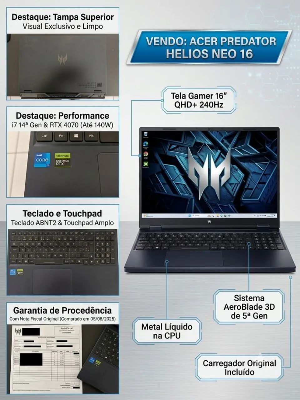 ? Predator Helios Neo 16 | i7 14ª Gen + RTX 4070 (Com Nota Fiscal)