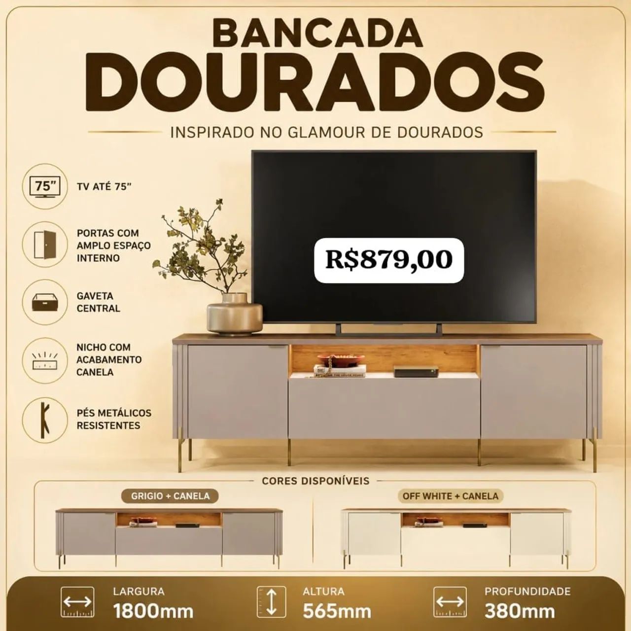 Rack bancada dourados para tv de ate 75"