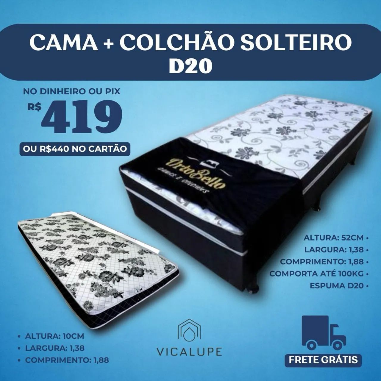 Cama solteiro (base) + colchão solteiro D20