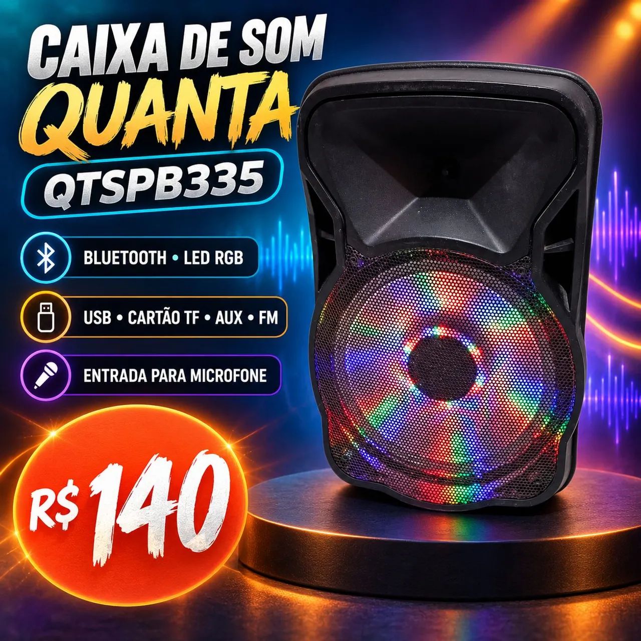 Caixa de Som Quanta QTSPB335 com Bluetooth e LED RGB