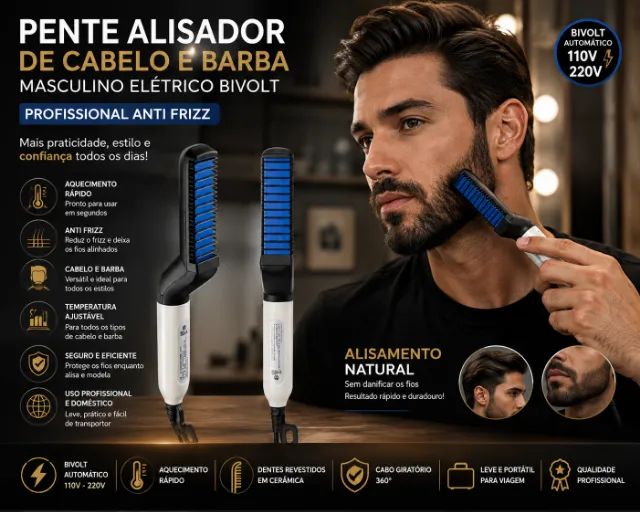 Pente Alisador de Cabelo e Barba Masculino Elétrico Bivolt Profissional Anti Frizz - Foto 3