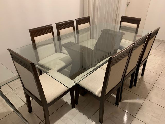 Conjunto de Mesa e Cadeiras, para sala de jantar, 8 lugares, Venus Castanho Nobre