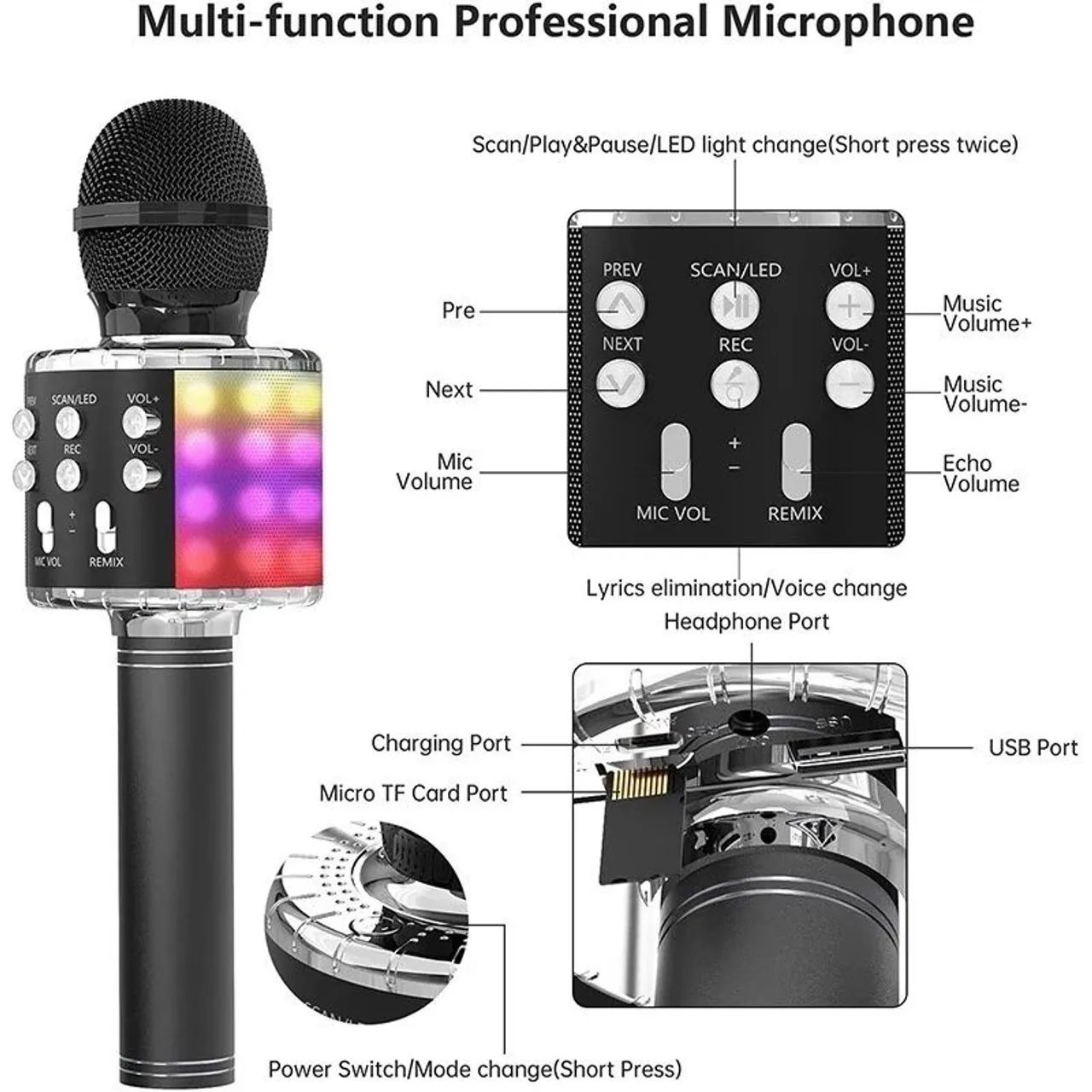 Microfone Karaokê Bluetooth Efeito De Voz Recarregável - Foto 5