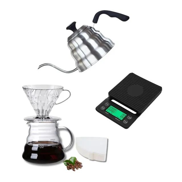 Conjunto V60 02 Jarra 600 ml Porta Filtro Acrílico Balança Chaleira 50 Filtros