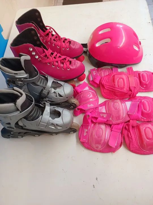 Kit Patins Infantil Rosa e Cinza com Proteções - Foto 2