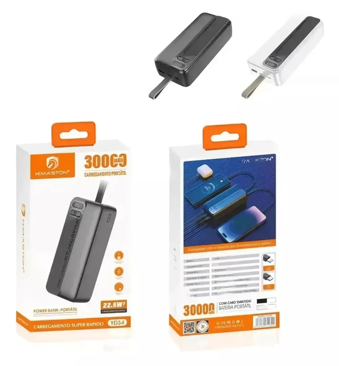 Carregador hmaston 30 mil mah 22.5 watts medidores inteligentes